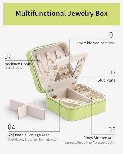 VLANDO Travel Jewelry Case with Mirror, Storage 3 Pairs of Stud Earrings - color: K.Green - Mirror