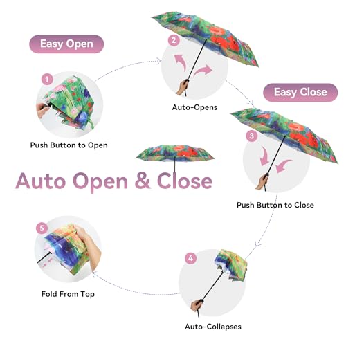 Van Gogh Folding Umbrella, Travel Umbrella with Starry Night Design, Auto Open & Close - Portable Compact Umbrella - Lightweight & Packable for Women & Men - color: Bauerngarten