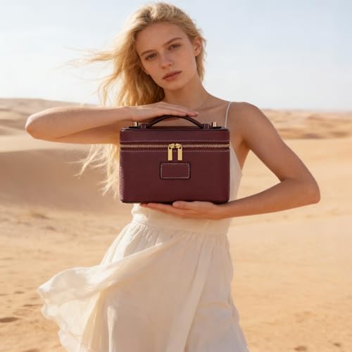 HiTotes Makeup Bag Vanity Case for Women Leather Cosmetic Bag Travel Toiletry Bags Portable Makeup Organizer Case - color: Burgundy