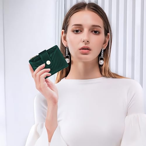 Small Womens RFID Bifold Wallet,Compact Leather Card Holder - color: Dark Green