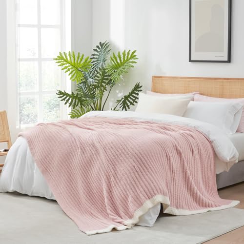 Snuggle Sac Pink Ribbed Queen Size Blanket for Bed, Soft Luxurious Bedding Blankets, Large Fuzzy Plush Microfiber Blankets Pink, 90x90 inches - color: Pink, size: Queen(90"x 90")