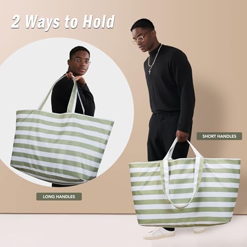 KALIDI 60L Extra Large Beach Tote Oversized Bag Zipper Utility Weekender - color: Strip Green