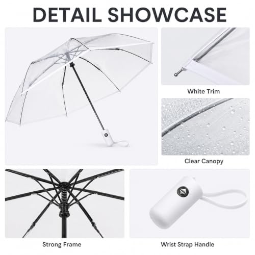 Full Automatic Folding Transparent Umbrella,Lightweight Clear Canopy,Waterproof,Strong Compact Windproof Umbrella for Golf,Backpack and Travel, Weddding - color: Clear White
