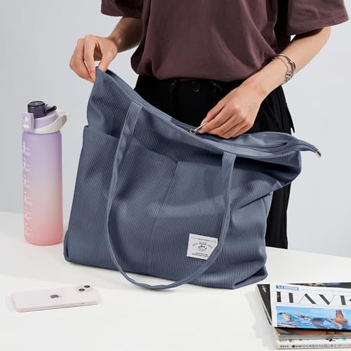 KALIDI Women Corduroy Tote Bag Zipper Casual Tote's Handbag Big Capacity Shoulder Bag with Pockets - color: D-grey