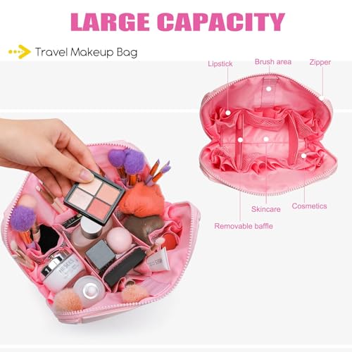 Parallel Travel Makeup Bag for Women,Foldable Toiletry Bags Parallel,Waterproof Organizer Bags with Compartments for Skincare, Toiletries,Pink - color: Pink