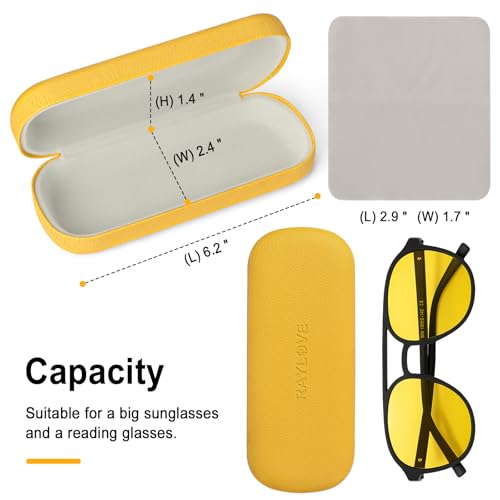 RayLove Glasses Case Hard Shell Eyeglass Case with Cleaning Cloth, PU Leather Protective Eye Glass Cases Fits Most Sunglasses - color: Yellow Yellow