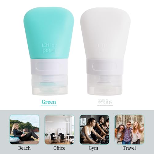 2 Pack 1.3oz Leak Proof Refillable Squeeze Containers, Silicone Travel Bottles for Toiletries, Portable Cosmetic Squeeze Bottles for Shampoo, Conditioner, Lotion (38ml)
