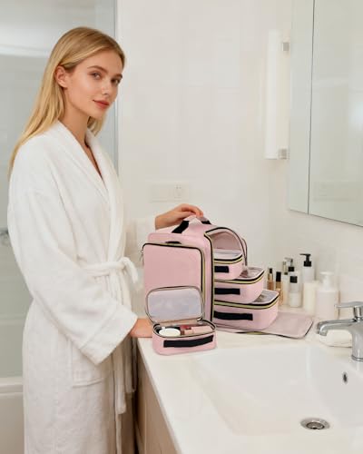 BAFAMYE Large Travel Makeup Bag - Cosmetic Organizer with 4 Removable Inner Pockets, Multi-functional Toiletry Bag for Accessories & Brushes, Women's Beauty Case, Pink - color: Pink