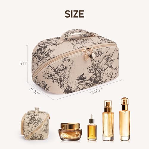 Large Capacity Cosmetic Bag for Women, Waterproof PU Leather Makeup Bag for Travel,Toiletry Bag Make up Organizer with Divider and Handle (Lighting Coffee) - color: Lighting Coffee