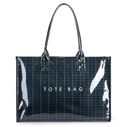 KALIDI PVC Tote Bag Women’s Kraft Paper Work Handbags Purses with Top Handle - color: Plaid Green