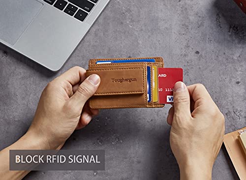 Toughergun Slim Wallet for Men RFID Blocking Money Clip, Minimalist Front Pocket Credit Card Holder, Magnetic Thin Mens Wallets with ID Window - color: Deep Brown