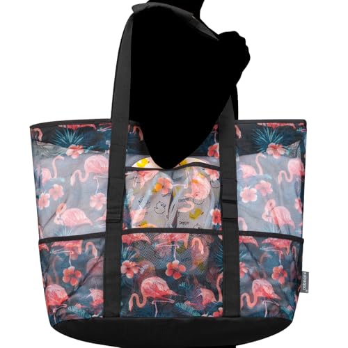 KABAQOO Mesh Beach Bag, Extra Large Beach Bags with 9 Pockets & Zipper Waterproof Lightweight Beach Tote for Beach/Pool Trip - color: Flamingo - Black, size: X-Large