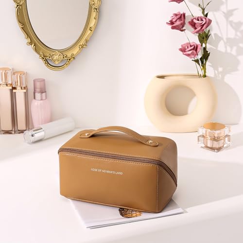 Travel Makeup Bag Cosmetic Bags for Women 3-Set Large Capacity Toiletry Bags with Handle Wide Open Portable Pouch - color: D01-Brown