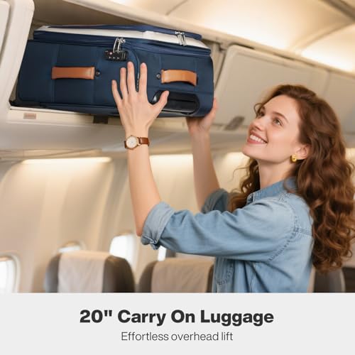 mixi Carry On Luggage 20 Inch Softside Expandable Suitcase with Front Pocket, 22x14x9 Airline Approved Rolling Lightweight Travel Suitcases with Wheels & TSA (Deep Blue-Off White) - color: Deep Blue-Off White, size: 20-Inch Carry On