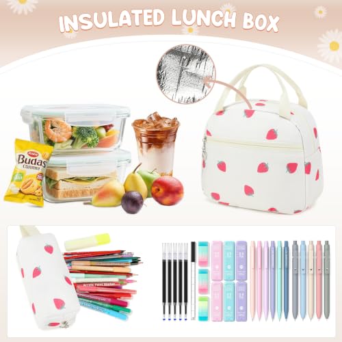 Backpack for Girls, Girls Backpack with Lunch Box & Pencil Case Set, 3PCS Kids Bookbag for Girl Teens, Waterproof School Backpack for Elementary Middle High School Students Ages 3-18 Strawberry - color: Strawberry Beige