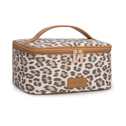 Wrangler Travel Makeup Bag 2pcs Set Cosmetic Bag with Makeup Brush Holder - color: Leopard-Khaki