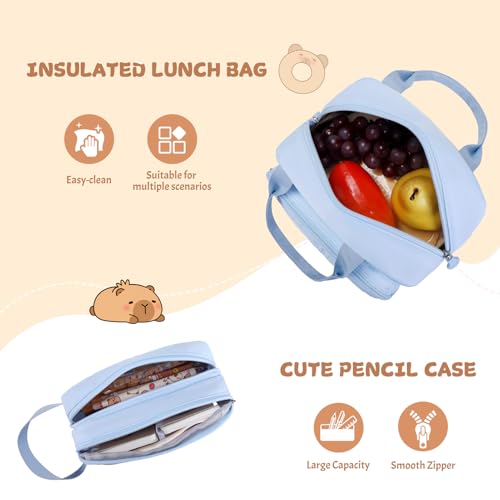 Capybara Rolling Backpack for Girls with Lunch Box & Pencil Case - color: Blue