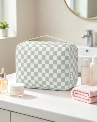 Narwey Hanging Travel Toiletry Bag for Women, Large Makeup Cosmetic Bag - color: A-Mint Green Checkerboard