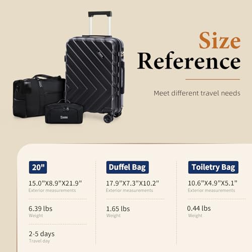3 piece Carry on luggage 22x14x9 airline approved Black | Lightweight ABS Hardside Luggage, TSA-Approved combination Lock, Suitcases with Spinner Removable Wheels (20"/DB/TB) - color: Black