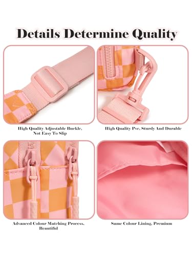 Checkered Sling Bag for Women Small Backpack Crossbody Chest Bag Fanny Packs Purses - color: Checkered Sling Bag - Light Pink Orange