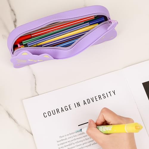 Cat Shaped Silicone Pencil Case - Aesthetic Purple Pen Holder for Artists & Office, Resilient Water-Repellent Travel Organizer, Cute Soft Pouch with Cleaning Cloth