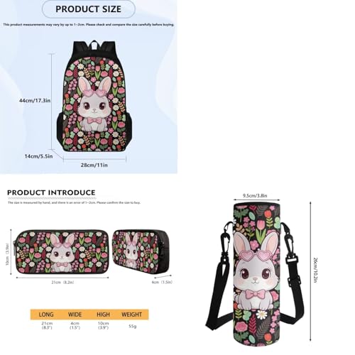 Rabbit Flowers Backpack for School, Girls School Bags with Water Bottle Carrier Lunch Boxes Pencil Cases for Kids Student Bag Daypack Set 4 in 1 - color: Rabbit Flowers