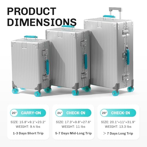 24 Inch All Aluminum Zipperless Checked Luggage with Wheels, Silver - color: silver-green, size: 24IN