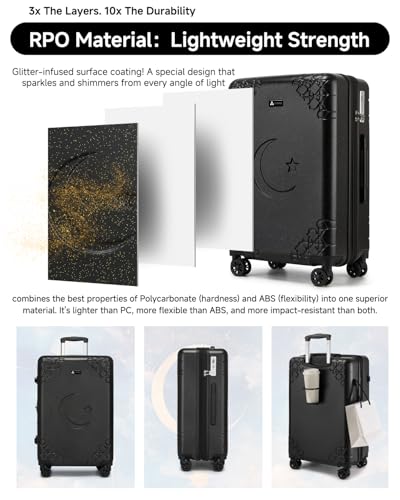 Somago 3 Piece Luggage Set with Cup Holder, Expandable 25% Capacity Suitcase with Shock-Absorbing Braking Spinner Wheels Moon Star Design Hardside Suitcase with TSA Lock (Black,Expandable Sets) - color: Black, size: Expandable 3-Piece Set(20/24/28)