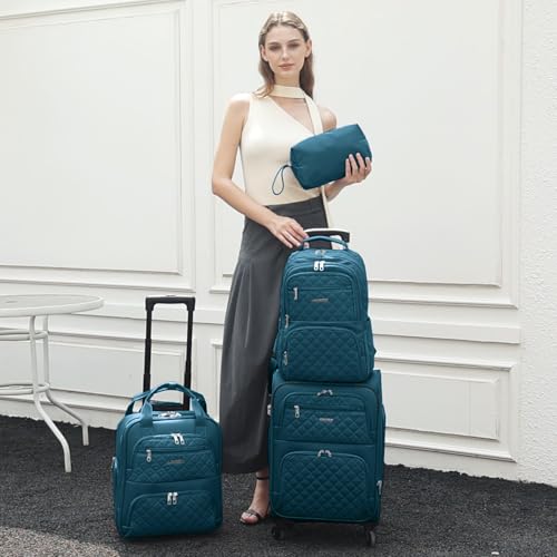 LARVENDER 4 Piece Luggage Set with Spinner Wheels - Expandable Softside Carry On Suitcase 22x14x9 Airline Approved, 16” 20" Carry On Luggage,TSA Lock, Blue - color: Blue(16/20/BP/TB), size: 4 Piece Set (16/20/BP/TB)