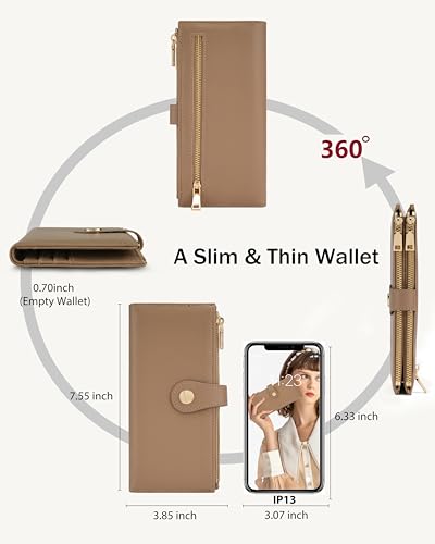 Women's Slim Wallet,Thin RFID Card Holder with Zipper Pocket - color: Camel, size: Bifold