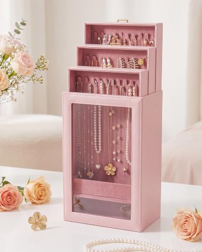 Huquary 3 Layer Vertical Necklace Organizer Box, Pink - color: Pink