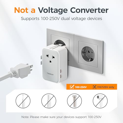 TESSAN Universal Travel Adapter PD 25W, Ultra Thin International adapter - color: Grey