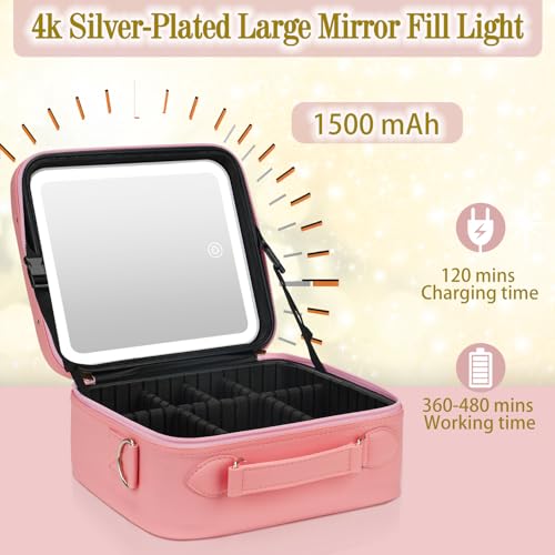 ViKert Travel Makeup Bag with Light Up Mirror,Makeup Travel Case with adjustable dividers,Waterproof Makeup Train Case,lighted Makeup Case with Detachable Mirror