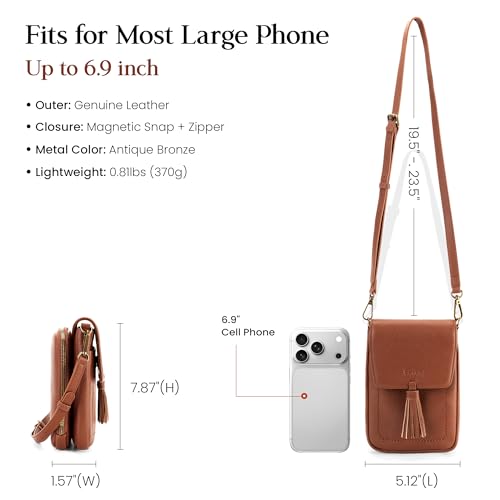 befen Genuine Leather Small Crossbody Bags for Women, RFID Phone Purse - color: Cognac Brown