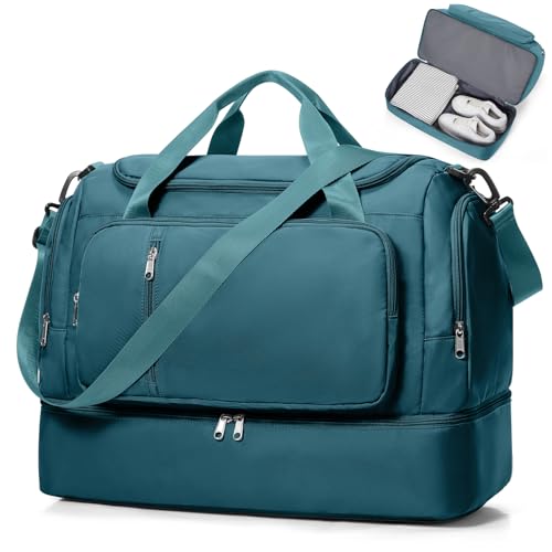 Travel Duffle Bag with Shoes Compartment,Overnight Weekender Bags for Women - color: Peacock Blue