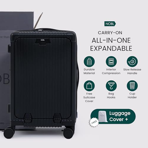 Nobl Travel Carry on Expandable Luggage, Aluminum Frame Hard Shell Suitcase | Airline Approved 22.5"x14.2"x9.8", 360° Spinner Wheels, TSA Locks, USB Charging, Cup & Phone Holder, Jet Black - color: Jet Black