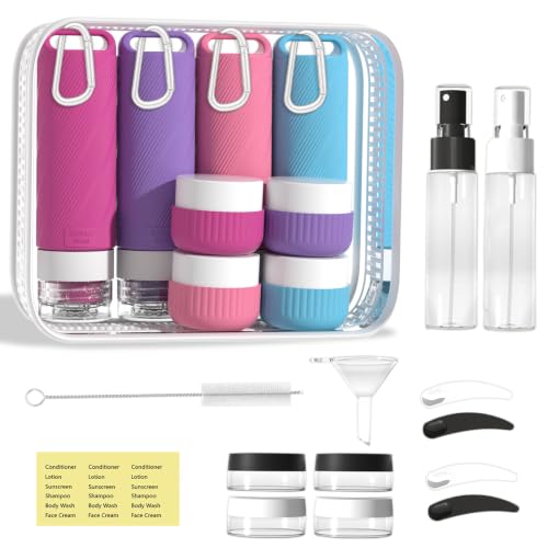 Travel Toiletry Containers 26Pcs Silicone Leakproof TSA Approved Set | Travel Bottles with Hanging Holes & Carabiners, Space Saving Portable, Easy Clean for Trips and Weekend Getaways - color: Red Blue A