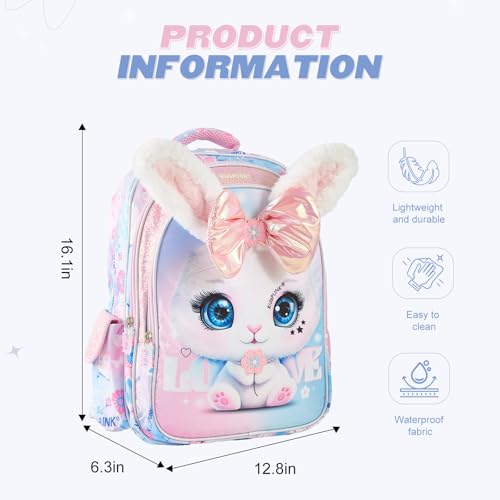 KidsPUNK Backpack for Girls Elementary:16 Inch Cute Rabbit School Bookbag - color: 16 Inch Pink Rabbit