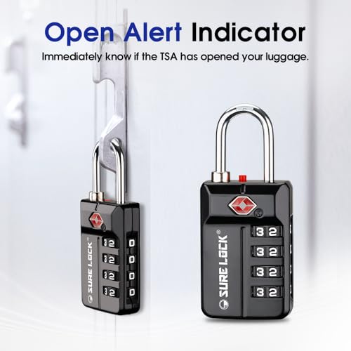 SURE LOCK TSA Approved 4-Digit Resettable Combination Luggage Locks with Open Alert, Easy-Read Dials - for Luggage, School Lockers, Gym, Office, Toolbox & Security Cases (Black 2 Pack) - color: BLACK 2 PACK