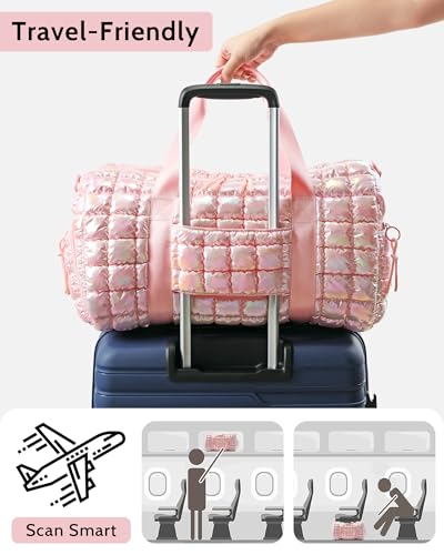 Quilted Duffel Bag for Women, Puffer Gym Duffle Bag with Shoe Compartment Lightweight Large Crossbody Sport Travel Bag Tote Pink Abalone - color: Abalone