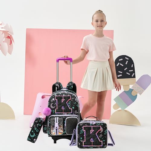 HTgroce Cute Rolling Backpack with Wheel,School Backpack for Kids Girl Roller Schoolbag Wheeled Backpacks Set Carry-on Luggage,Black K - color: Black, style: K