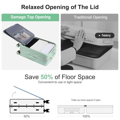 Somago Carry on Luggage Front Open 22x14x9 Airline Approved Lightweight Suitcase with Cup Holder and USB Port Aluminum Frame Polycarbonate Spinner Hard Suitcase with TSA Lock,Lime - color: Lime, size: 20 Inch Carry On (Front Opening)