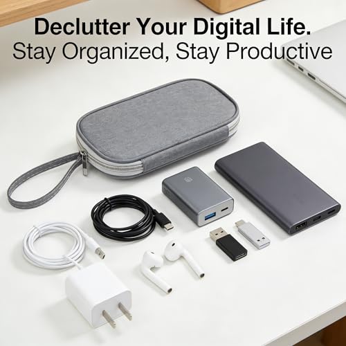 Cable Organizer Bags & Cases, Digital Product Storage Bag, Double-Layer Small Size with Elastic Straps and Grid Compartments, Tech Travel Organizer for Cables, Power Bank, SD Card, Phone, Gray