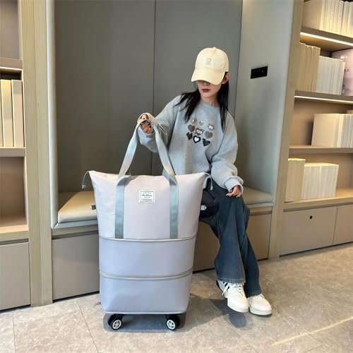 Travel Tote Bag with Trolley Sleeve Expandable Extra Duffel Bag with Wheels Lightweight Traveling Foldable Suitcase - color: Light Gray