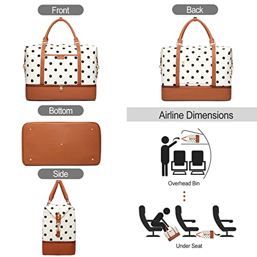 3Pcs Set Polka Dots Weekender Bags for Women Canvas Carry On Overnight Bag Travel Duffle Tote Bag for with Shoes Compartment, Brown