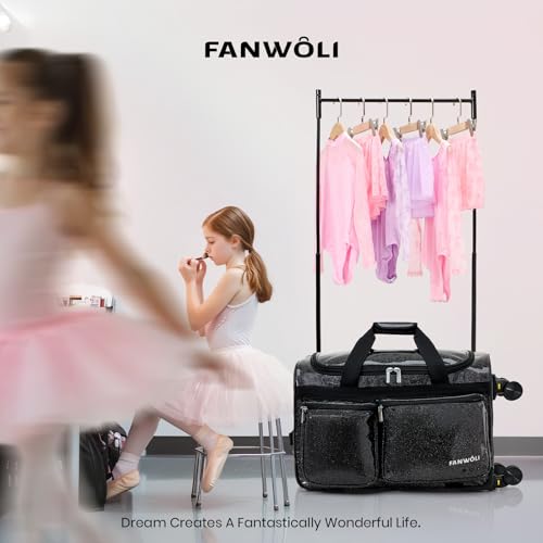 Fanwoli 23" Rolling Dance Bag with Garment Rack, 4-Wheel Competition Duffel - color: Sparkling Black
