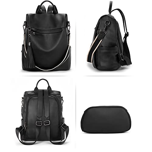 Telena Backpack Purse for Women, PU Leather Anti Theft Travel Purse Shoulder Bags with Tassel - color: Pure Black