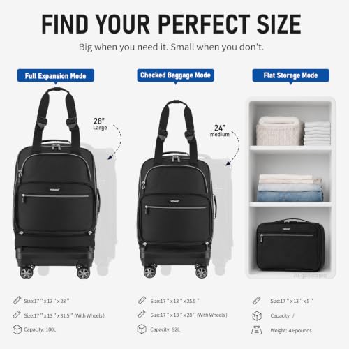 Verage Foldable Rolling Duffel Bag with Wheels, Expandable Travel Luggage - color: Black, size: Checked-In Pro (24-Inch Expands into 28-Inch)