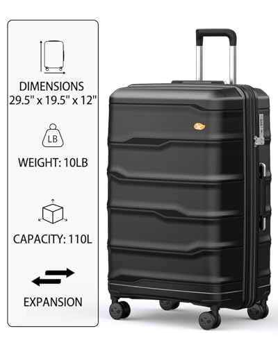 28 Inch Luggage with Spinner Wheels, Large Hard Shell Suitcase, Lightweight PP Luggages with TSA Lock, Checked-Large Suitcases 28-Inch, Black - color: 0-Black, size: Checked-Large 28-Inch
