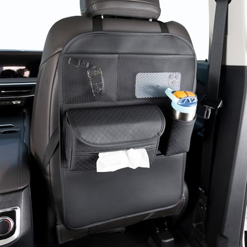 Car Back Seat Organizer, PU Leather Backseat Organizer with Cup Holder, Tissue Box Holder & Storage Pockets for SUV, Truck, Sedan - Kick Mat Full Protection